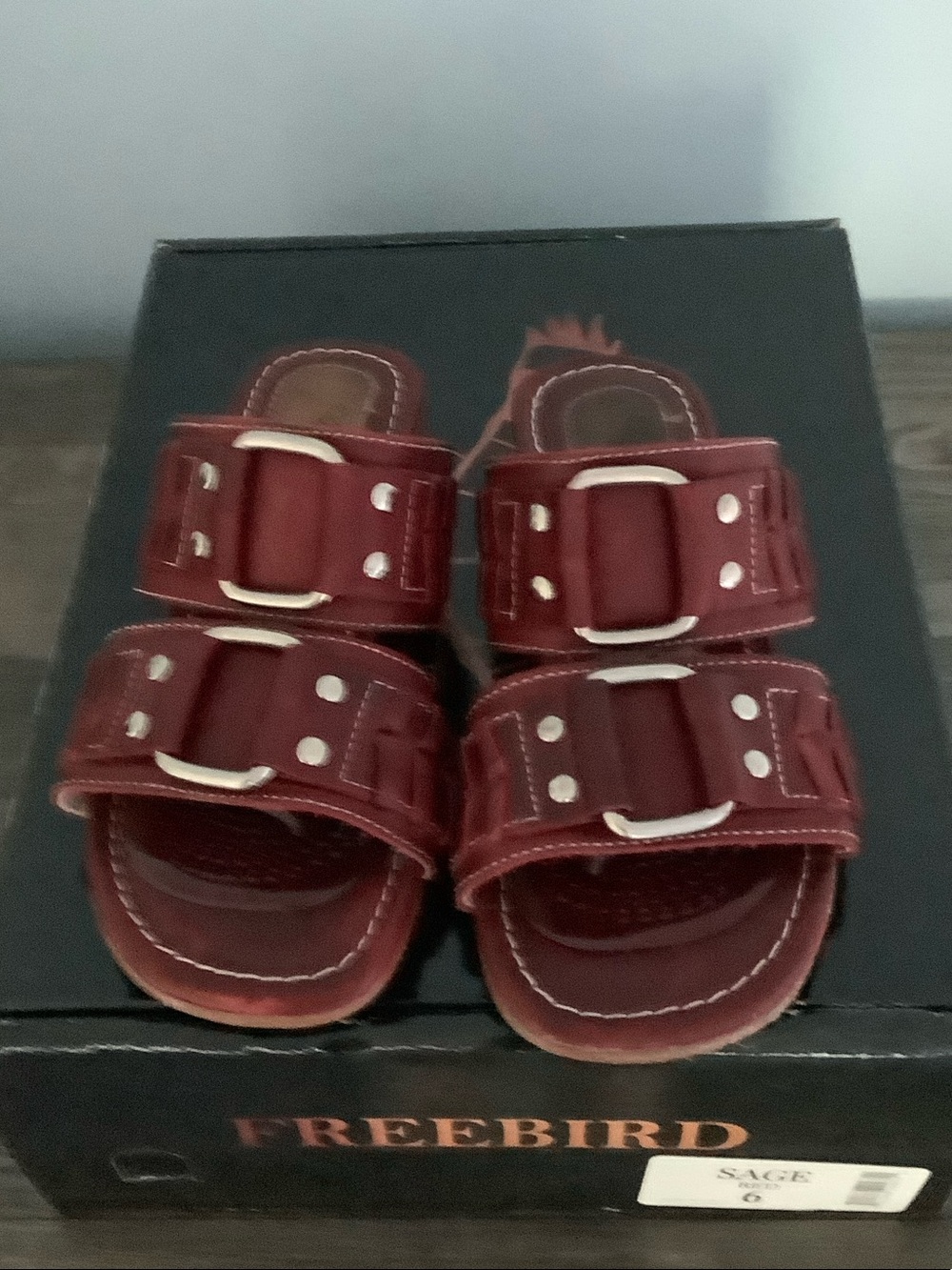 freebird Burgundy Double-Buckle Leather Slide Sandals